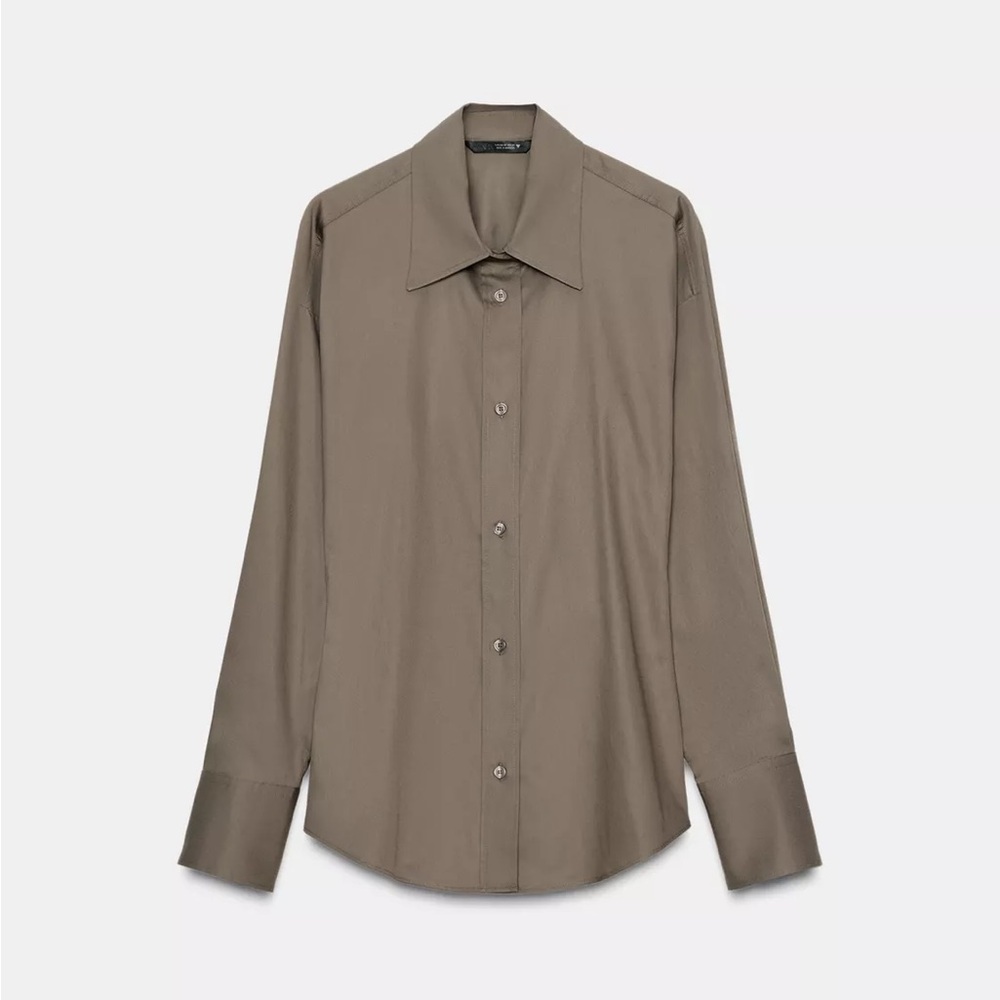 NWT Zara Fitted Hem Button-Up Cotton Shirt in Taupe Gray - XS